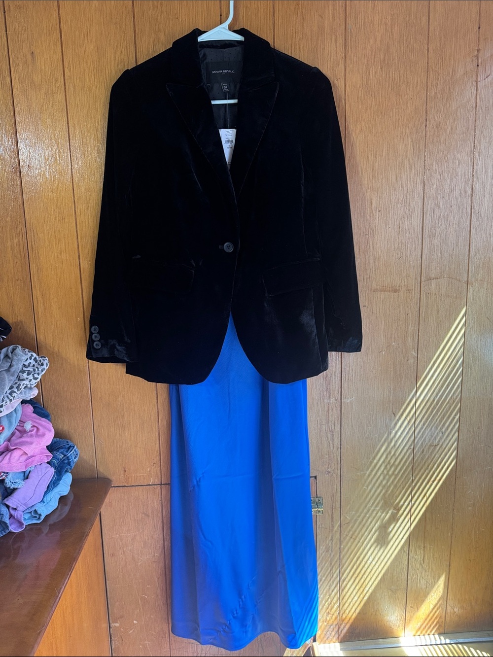 Black Velvet Blazer and blue slip dress